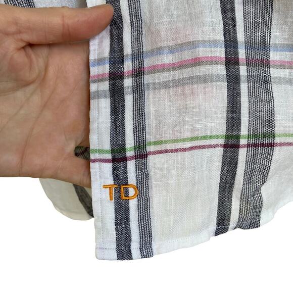 Thomas Dean Mens XL Tall 100% Linen Plaid Button Down Shirt White Multi Casual - Picture 4 of 16